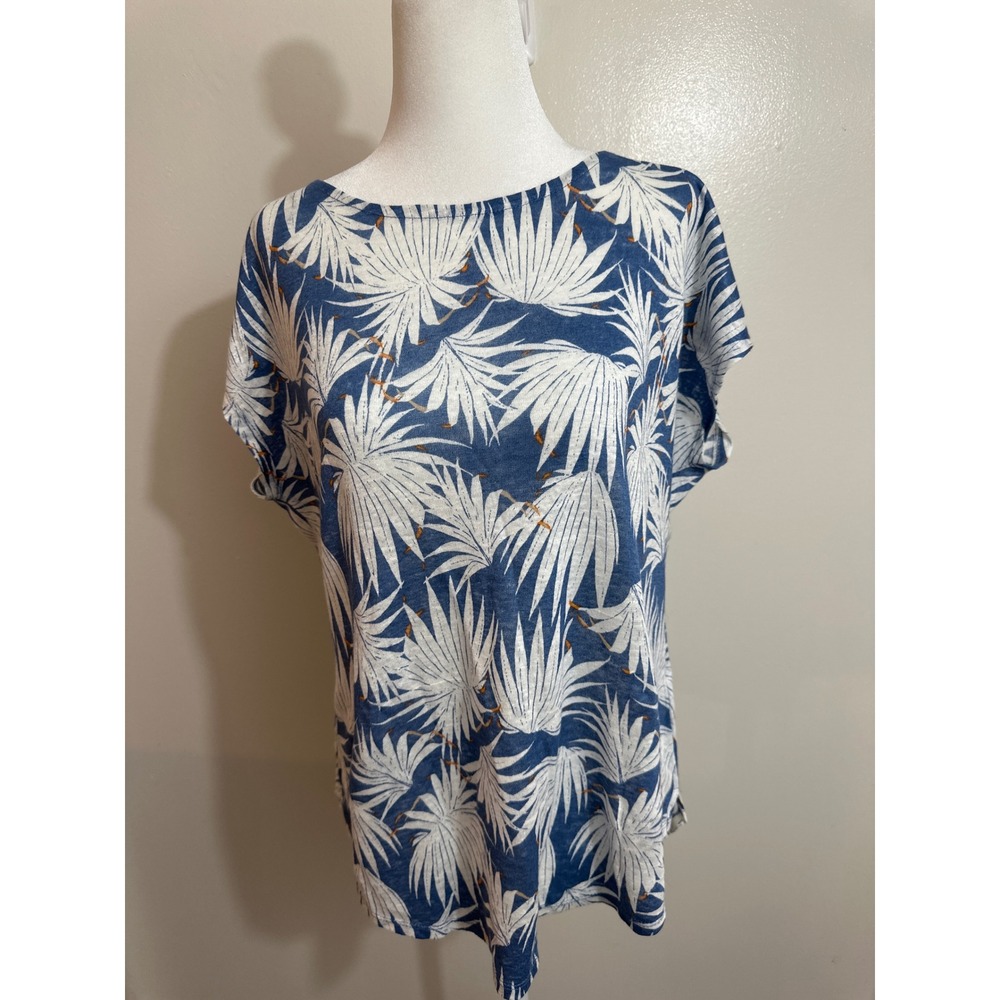 Rachel Zoe Blue White Palm Leaf Print 100% Linen Dolman Sleeve Top Medium